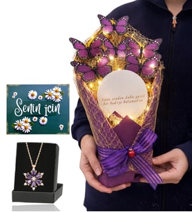 Led Işıklı Aynalı Kelebek Buketi ve Gerçek Ametist Taşlı Lotus Kolye