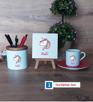 Unicorn Hediye Seti Dekoratif Taş, Kalemlik, Ahşap Altlıklı Türk Kahvesi Fincanı Hediye (Model 3)