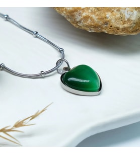 14 AYAR ALTIN KAPLAMA ZÜMRÜT TAŞLI KALP KOLYE (Gümüş)
