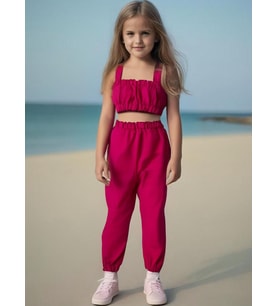 Kız Bebek Düz Renk Crop Pantolon Set (Fuşya)