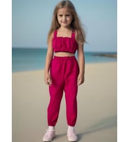 Kız Bebek Düz Renk Crop Pantolon Set (Fuşya)