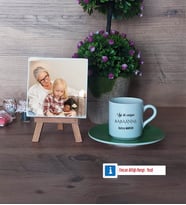 Babaanneye Hediye Fotoğraflı Dekoratif Taş, Ahşap Altlıklı Türk Kahvesi Fincanı Hediye (Model 9)