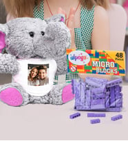 Kişiye Özel Peluş Pembe Fil Ve Renkli Micro Blocks Lego (Mor)