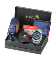 Polo Air Erkek Set Kombin Kemer Cüzdan Kartlık Parfüm Kol Saati Hediyelik Kutusunda Set PL-0961E (Lacivert-Gumus)