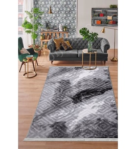 Dijidekor Halı Gri14 Cool Karo Yıkanabilir Saçaklı Kesme İnce Yolluk Kilim Salon Halısı Modelleri (Antrasit)