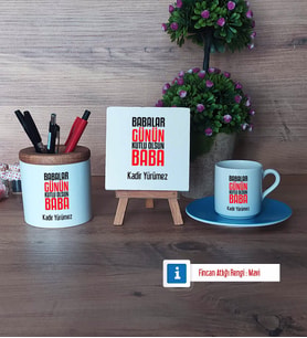 Babalar Günü Hediyesi Hediye Seti Dekoratif Taş, Kalemlik, Ahşap Altlıklı Türk Kahvesi Fincanı Hediye Babaya Hediye (Model 5)