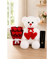 Romantik Hediye Seti 80 cm Peluş Ayıcık, Mini Peluş Buket ve Melek Kolye Kombini (Beyaz Bobo-Kırmızı Buket)