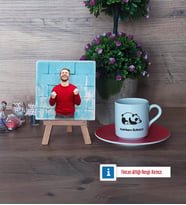 Uykucu Panda Fotoğraflı Dekoratif Taş, Ahşap Altlıklı Türk Kahvesi Fincanı Hediye (Model 3)
