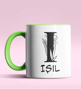 Kişiye Özel I Harfi Romantik Tasarım Siyah Renk Kupa (Yeşil)
