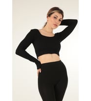 DoReMi Uzun Kollu Kare Yaka Fitilli Crop (Siyah)