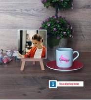 Baş Harf ve İsim Fotoğraflı Dekoratif Taş, Ahşap Altlıklı Türk Kahvesi Fincanı Hediye (Model 3)