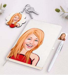 BK Gift Kişiye Özel Bayan Karikatürlü Siyah Defter Kalem Ve Anahtarlık Hediye Seti-33 (Model 2)