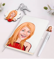 BK Gift Kişiye Özel Bayan Karikatürlü Siyah Defter Kalem Ve Anahtarlık Hediye Seti-33 (Model 2)