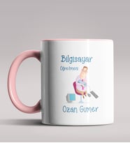 Kişiye Özel Bilgisayar Öğretmeni Tasarımlı Siyah Renk Kupa  (Pembe)