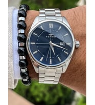 Ferro Çelik Kordon ,VIP Model Gümüş Renk Su Geçirmez Garantili (2Yıl)Erkek Kol Saati Bileklik (Lacivert)