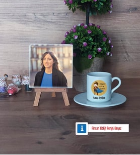 Öğretmenler Günü Hediyesi Fotoğraflı Dekoratif Taş, Ahşap Altlıklı Türk Kahvesi Fincanı Hediye (Model 2)