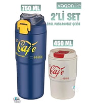 Vagonlife 2'li Çelik Termos-Kahve Bardağı Seti 750ML Çift Kullanım Termos//450ML Mug Kahve Bardağı (Lacivert-Beyaz)