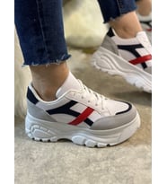 Günlük Kadın Sneaker Yüksek Taban Bağcıklı Tiger Şeritli Spor Ayakkabı 032 (Lacivert-Kırmızı)