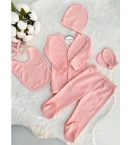 Kız Erkek Bebek Natural Organik Pamuk 5li Hastane Çıkış Seti Yenidoğan Kıyafeti Fitilli Kumaş (Pembe)