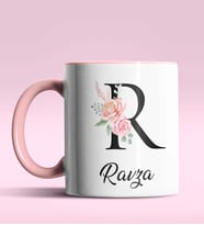 Kişiye Özel R Harfi Temalı Gül Tasarım Siyah Renk Kupa (Pembe)