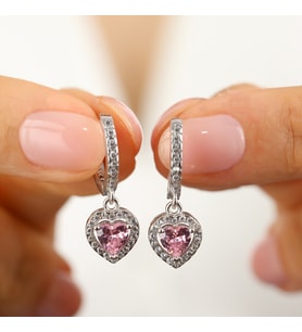 925 Ayar Gümüş Pembe Taşlı Kalp Tasarımlı Pandora Tarz Kadın Küpe So0011 (Rose)
