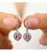 925 Ayar Gümüş Pembe Taşlı Kalp Tasarımlı Pandora Tarz Kadın Küpe So0011 (Rose)