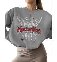 bisiklet yaka unisex erkek Sweatshirt kadın Sweatshirt Bej 3 iplik şardonlu kalın Melek grafik (Gri)