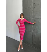 Nare Polo Yaka Siyah Beyaz Çizgili Kaşkorse Midi Elbise (Beyaz-Pembe)