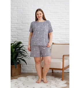 Nisanca  Büyük Beden Kısa Kol Şortlu Kadın Pijama Takımı (Gri)