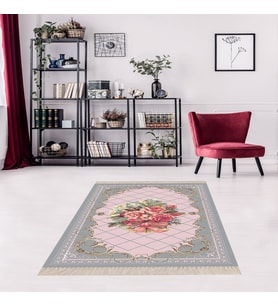 Çiçek Desenli Dijital Baskı Yıkanabilir Kaymaz Taban Leke Tutmaz Modern Salon Halısı (Gri)