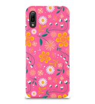 Huawei Y6 2019 Uyumlu Lansman Kılıf Çiçek Tasarımlı İçi Kadife Kapak (Neon Pembe)