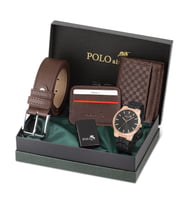 Polo Air Erkek Kol Saati Dama Desenli Cüzdan Kemer Kartlık Çakmak Kombin Set PL-0919E (Siyah-Bakır)