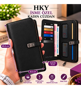 HKY Çok Kullanışlı İsme Özel Büyük Boy Kadın Cüzdan (Siyah)