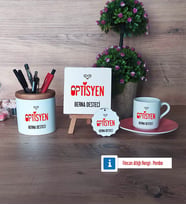 Optisyen Hediye Seti Dekoratif Taş, Kalemlik, Ahşap Altlıklı Türk Kahvesi Fincanı, Ahşap Anahtarlık Hediye (Model 6)