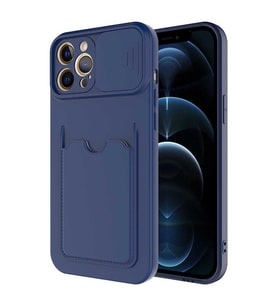 Uyumlu Model Apple iPhone 12 Pro Max Kılıf Kartlıklı Lens Kapatmalı Kapak (Lacivert)