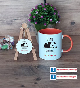 Sevimli Panda Kupa Bardak Kırmızı ve Ahşap Anahtarlık Hediye (Model 12)