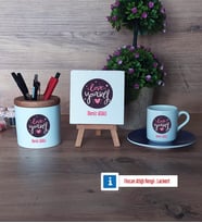 Love Yourself Hediye Seti Dekoratif Taş, Kalemlik, Ahşap Altlıklı Türk Kahvesi Fincanı Hediye (Model 4)