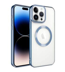 Apple iPhone 14 Pro Max Kılıf Magsafe Köşeleri Renkli Lüx Şeffaf Kamera Korumalı Silikon Kapak (Mavi)