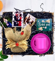 Kişiye Özel 3 Fotoğraflı Saksı Aranjmanı & Renkli Kahve Fincanı HA2 (Pembe)