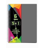 5+1 Ayraçlı Defter 6 Konulu 150 Yaprak 1 Adet 5 Kareli 1 Çizgili Spralli Plastik Kapak Seperatörlü (Gri)