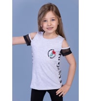 Toontoy Kız Çocuk Göğsü Nakışlı Tişört ( Gri-Melanj)
