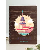İstanbul Kız Kulesi Şehir Tasarım Ahşap Kapaklı Defter Kraft Kağıt Özel Tasarım (Gri - Siyah - Beyaz)