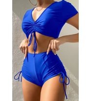 Angelsin Özel tasarım Yarım Kol Büzgü Detaylı Bikini Üstü (Mavi)