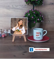 Zabıt Katibi Fotoğraflı Dekoratif Taş, Ahşap Altlıklı Türk Kahvesi Fincanı Hediye (Model 3)