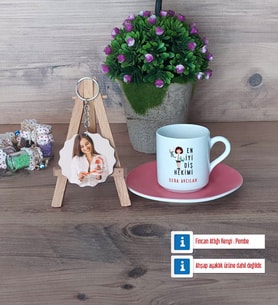 En İyi Diş Hekimi Türk Kahvesi Fincanı Ahşap Altlıklı ve Fotoğraflı Ahşap Anahtarlık Hediye (Model 6)