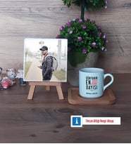 Dayıya Hediye Fotoğraflı Dekoratif Taş, Ahşap Altlıklı Türk Kahvesi Fincanı Hediye (Model 1)