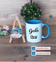 Gelin Kupa Bardak Beyaz ve Fotoğraflı Ahşap Anahtarlık Hediye (Model 4)