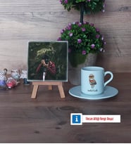 Baykuş Fotoğraflı Dekoratif Taş, Ahşap Altlıklı Türk Kahvesi Fincanı Hediye (Model 2)