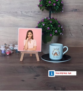 Baykuş Fotoğraflı Dekoratif Taş, Ahşap Altlıklı Türk Kahvesi Fincanı Hediye (Model 7)