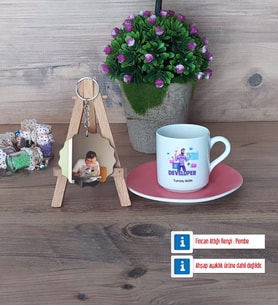 Developer Türk Kahvesi Fincanı Ahşap Altlıklı ve Fotoğraflı Ahşap Anahtarlık Hediye (Model 6)